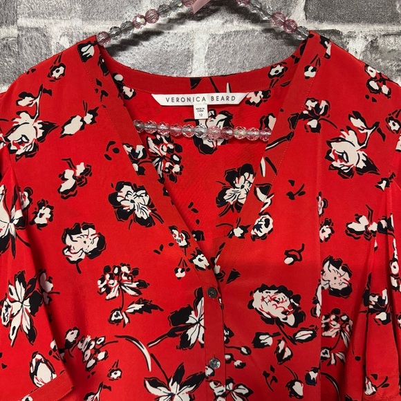 Veronica Beard silk garland blouse Red Puff Sleeve Ruched button down - Picture 2 of 10